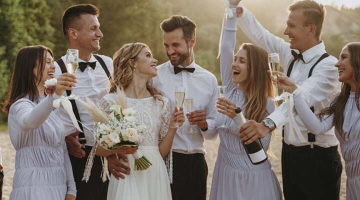 Pareja de casados disfrutando de su boda con amigos. Razones para alquilar un autobús el día de tu boda